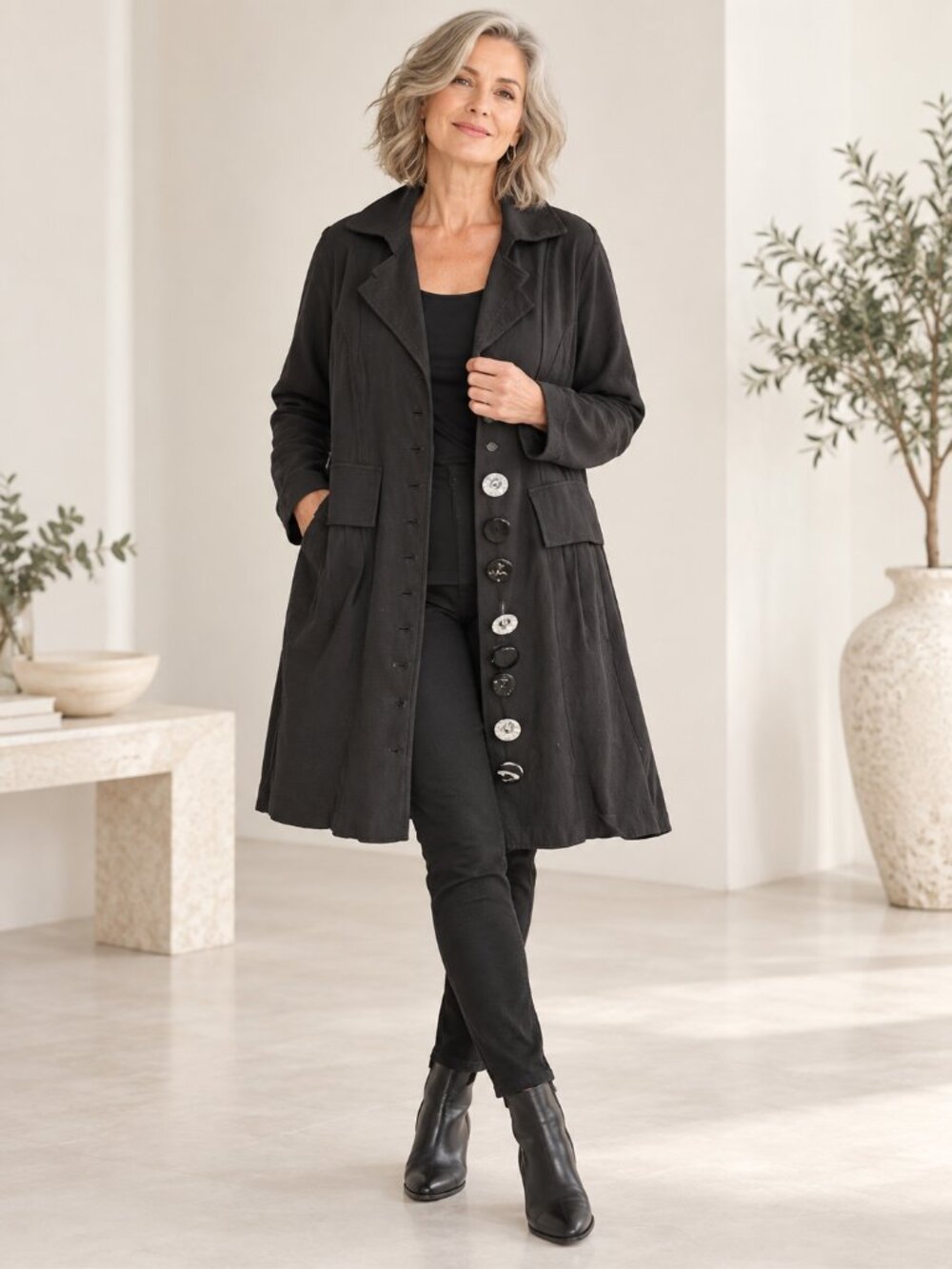 Women's Black Button-Front Coat Budda